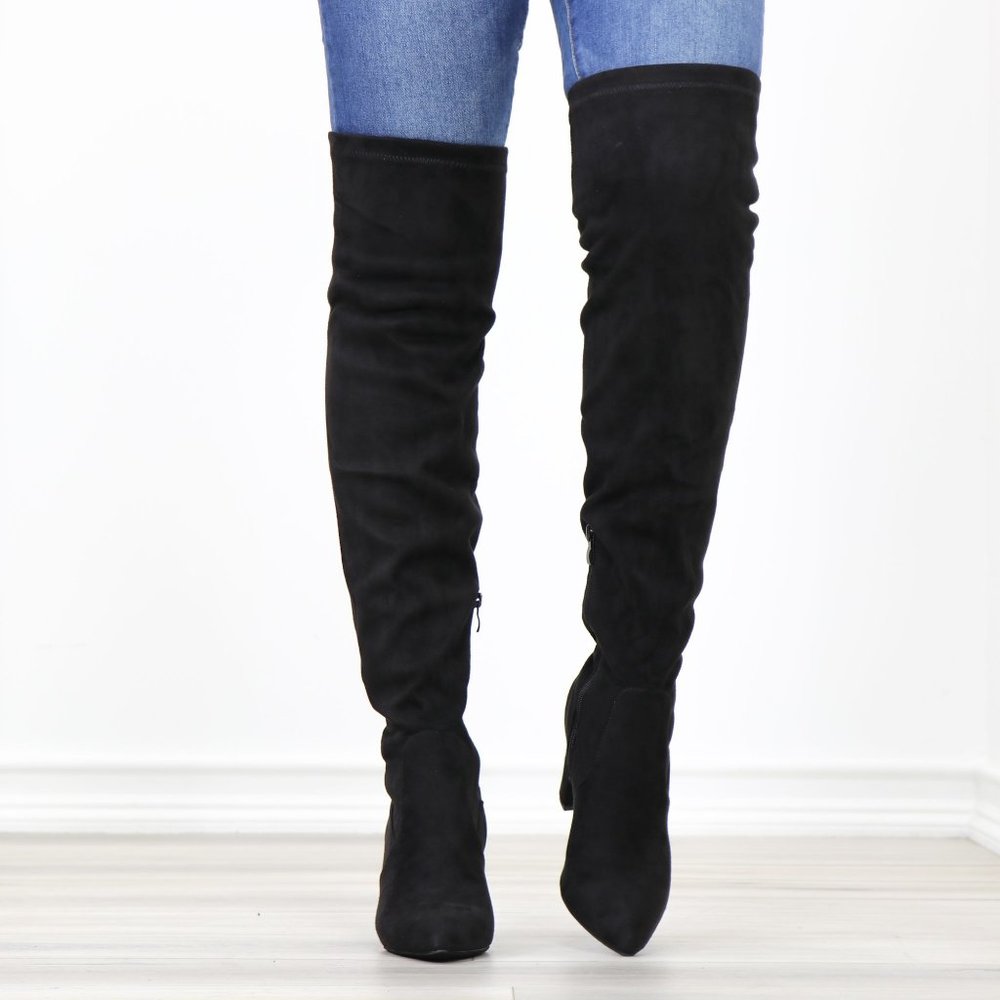 Pointy Toe Black Faux Suede Thigh High Over The Knee Block High Heel Boots - Picture 11 of 15